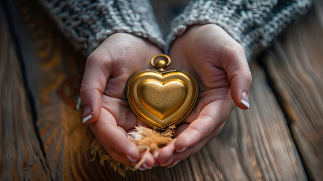 A persons hands holding a shiny gold heart symbol
