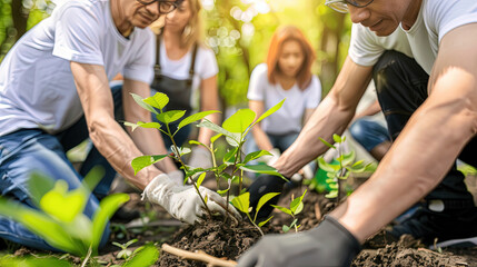 A group of individuals working together to plant a tree in a grassy field under a clear sky - obrazy, fototapety, plakaty