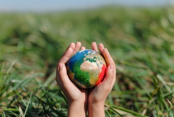 In a powerful Earth Day statement, a child's hands tenderly hold a colorful, hand-painted globe against a backdrop of green grass, symbolizing hope for the future.
