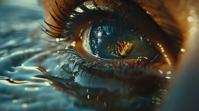 A detailed close-up of a human eye with small water droplets on the eyelashes and eyelid