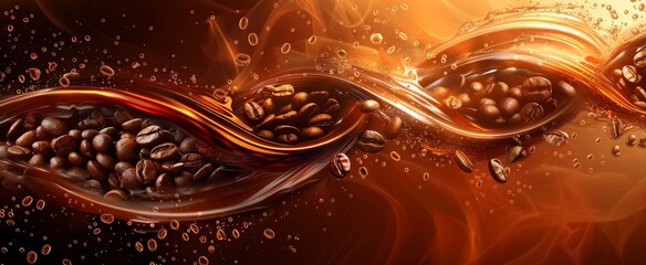 Dynamic coffee swirls with beans splashing into liquid chocolate, capturing the essence of flavor.