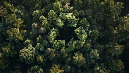 An aerial perspective shows a vast green forest with a natural clearing in the shape of the recycling symbol, merging nature and sustainability efforts symbolic of Earth Day.