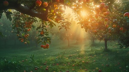 Sun-kissed apple orchard in full bloom, ideal for agricultural and fresh produce themes