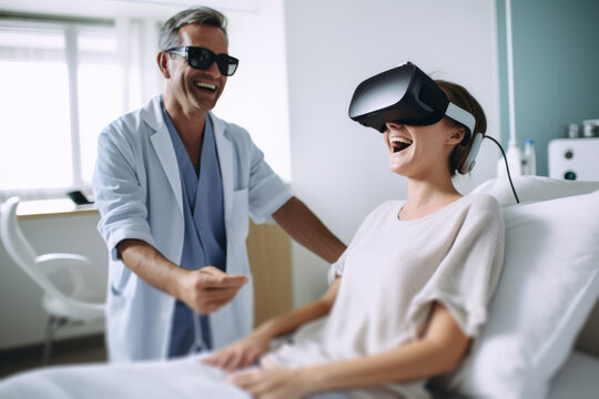A doctor helping a patient in hospital. Using Virtual reality headset to treat a patient
