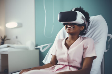 A patient in a hospital bed wearing a Virtual Reality headset