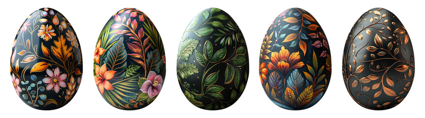 A set of five Easter eggs with plants and leaves painted on them. Isolated on a transparent background