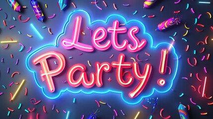 Funky neon Sign saying 'Lets Party! with streamers and poppers,  Graphic illustration 