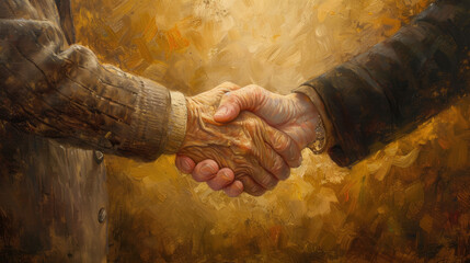 An expressive painting captures a firm handshake symbolizing strong human bonds and cooperation