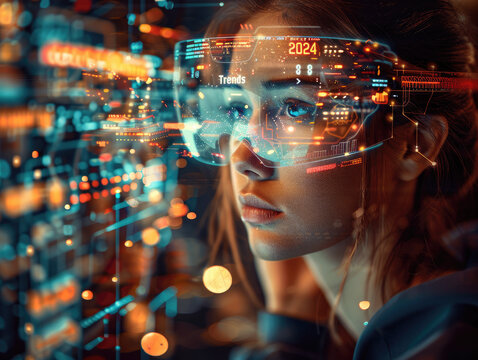 Digital composite image melding the blur of technological advancements with concepts of business growth and data analytics