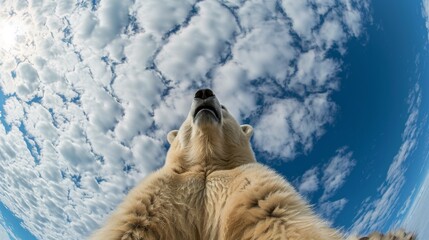 Bottom view of a polar bear against the sky. An unusual look at animals. 