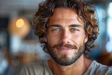 Fototapeta premium Close-up of a cheerful man with curly locks and green eyes in casual attire