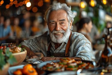 Happy senior chef in an apron presenting gourmet dishes with pride in a restaurant