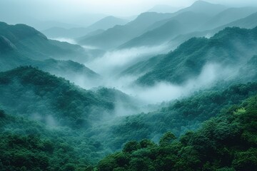 Mountains under fog in the morning. Amazing nature scenery. Country Tourism and travel concept image, Fresh and relax type nature image, copy space