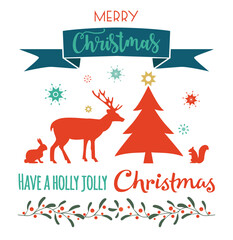 Merry Christmas card with reindeer and trees. 