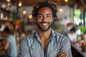 Obraz premium Smiling young man with an approachable demeanor and stylish hair in a café embodies confidence and friendliness