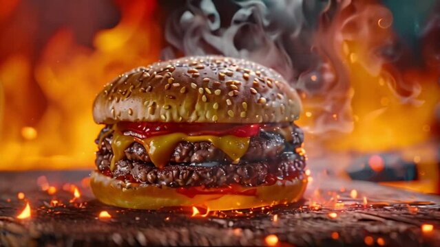 double cheeseburger close up with flaming background sesame seed bun and cheese food and restaurant commercial concept Generative AI  