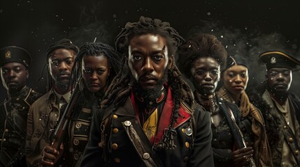 Portrait of a group of african american steampunk soldiers. Black History Month concept. - obrazy, fototapety, plakaty
