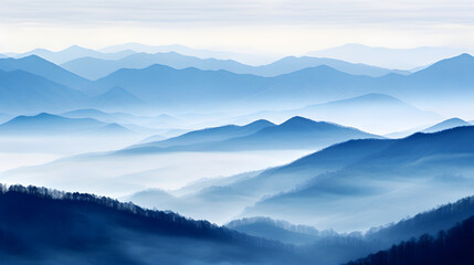 Fototapeta na wymiar Blue Monochromatic Wonder: Spectacular Cascade of Foggy Mountains under Overcast sky