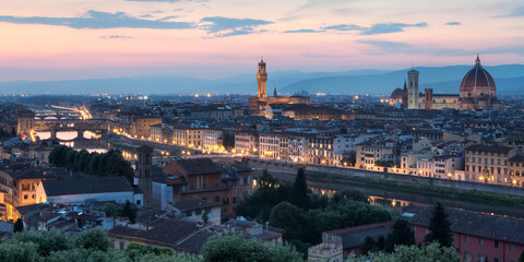 Florence Italy and the Arno River at dusk.
