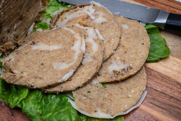 Vegan ham made of whole wheat seitan by wash the flour method