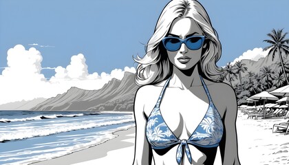 Blond comic character girl on a sunny beack wearing a bikini and blue sunglasses, black and white monochrome wall pop art with some  blue details