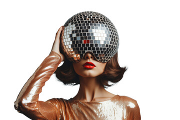 Surreal Portrait of Stylish Woman with Disco Ball Head Covering Her Eyes Against Transparent  Background, Creating a Captivating and Unique Image That Reflects Creativity and Fashion Forward Style.