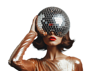 Surreal Portrait of Stylish Woman with Disco Ball Head Covering Her Eyes Against Transparent  Background, Creating a Captivating and Unique Image That Reflects Creativity and Fashion Forward Style.