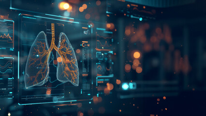 Computer screen with anatomic lungs with an interface with medical information. Electronic health record (EHR) concept. Medical futuristic technology. - obrazy, fototapety, plakaty
