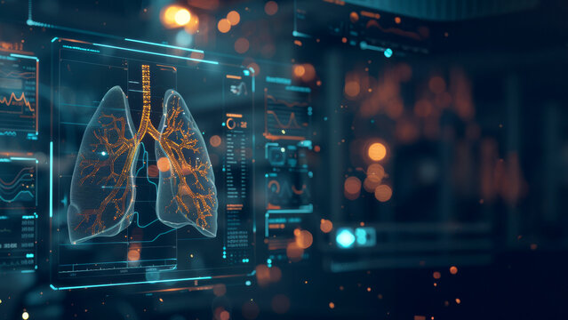 Computer screen with anatomic lungs with an interface with medical information. Electronic health record (EHR) concept. Medical futuristic technology.