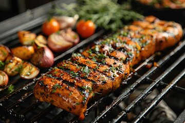 Assorted delicious grilled meat with vegetables over the coals on a barbecue - obrazy, fototapety, plakaty