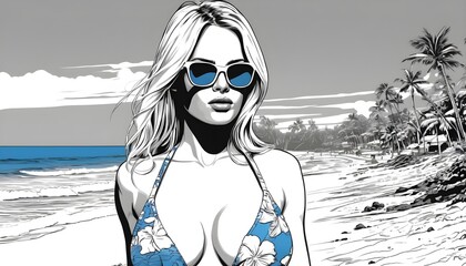 Blond comic character girl on a sunny beack wearing a bikini and blue sunglasses, black and white monochrome wall pop art with some  blue details