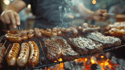 a man roasts steaks and sausages on the grill for the whole family