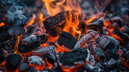 BBQ Grill With Glowing And Flaming Hot Charcoal Briquettes, Food Background Or Texture