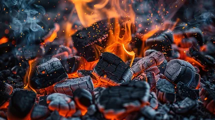 Gordijnen BBQ Grill With Glowing And Flaming Hot Charcoal Briquettes, Food Background Or Texture © Vasiliy