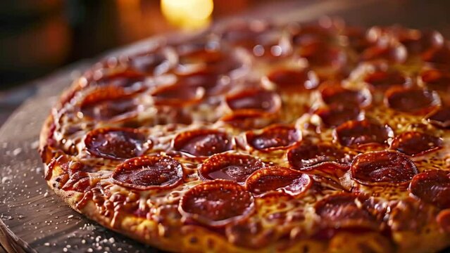 pepperoni pizza with crust, mozzarella cheese and tomato sauce restaurant and pizzeria commercial concept Generative AI  