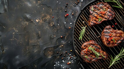 grilling steaks on flaming grill and shot with selective focus. Dark background - obrazy, fototapety, plakaty