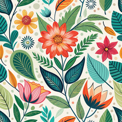 Floral seamless pattern with cute wild  flowers and leaves isolated on a white background