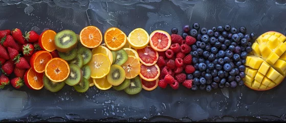 Poster Rainbow of fresh fruits neatly arranged on dark surface © David