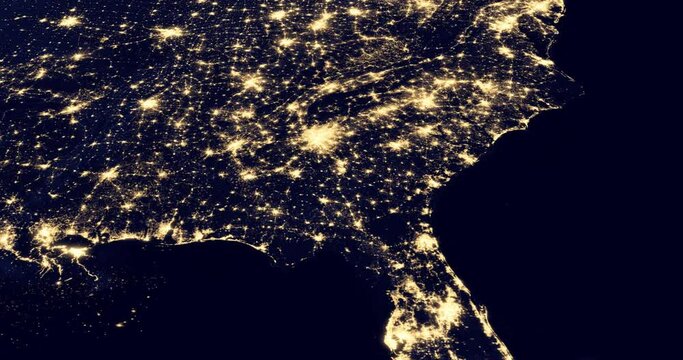 Camera flight on a night map of the United States from the southern states to the northeastern United States. Glow of US cities at night, satellite view. 3D animation 4K. Contains NASA images.