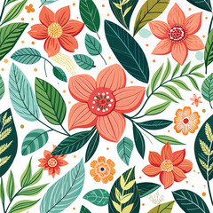 Floral seamless pattern with cute wild  flowers and leaves isolated on a white background