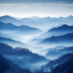 Fototapeta na wymiar Blue Monochromatic Wonder: Spectacular Cascade of Foggy Mountains under Overcast sky