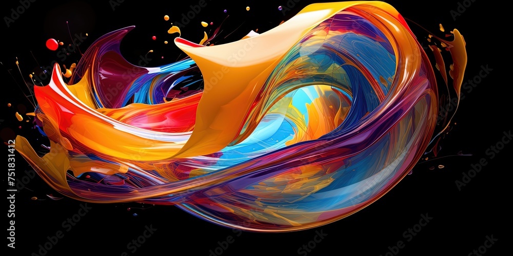 Poster swoosh of colors. liquid colors swoosh in a transparent orb. some splashing out.