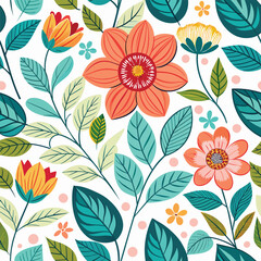 Floral seamless pattern with cute wild  flowers and leaves isolated on a white background