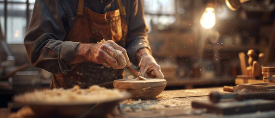 Artisan crafting with wood in traditional woodworking shop - obrazy, fototapety, plakaty