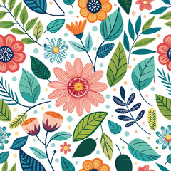 Floral seamless pattern with cute wild  flowers and leaves isolated on a white background