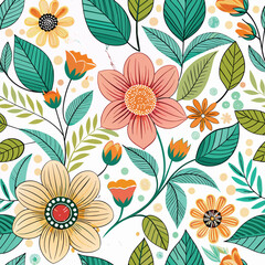 Floral seamless pattern with cute wild  flowers and leaves isolated on a white background