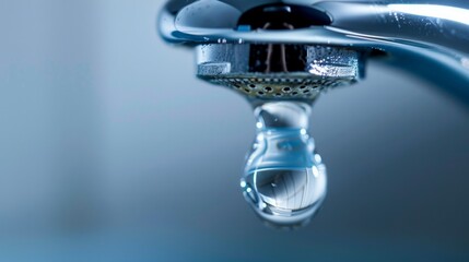 A close-up image capturing a drop of water leaking from a faucet - obrazy, fototapety, plakaty