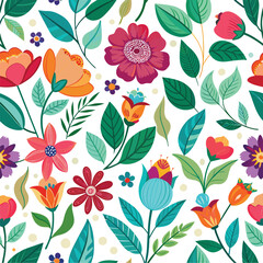 Floral seamless pattern with cute wild  flowers and leaves isolated on a white background