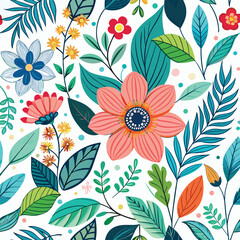 Floral seamless pattern with cute wild  flowers and leaves isolated on a white background