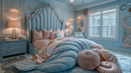 In the children's room in shades of blue, every corner is filled with tenderness and warmth - obrazy, fototapety, plakaty